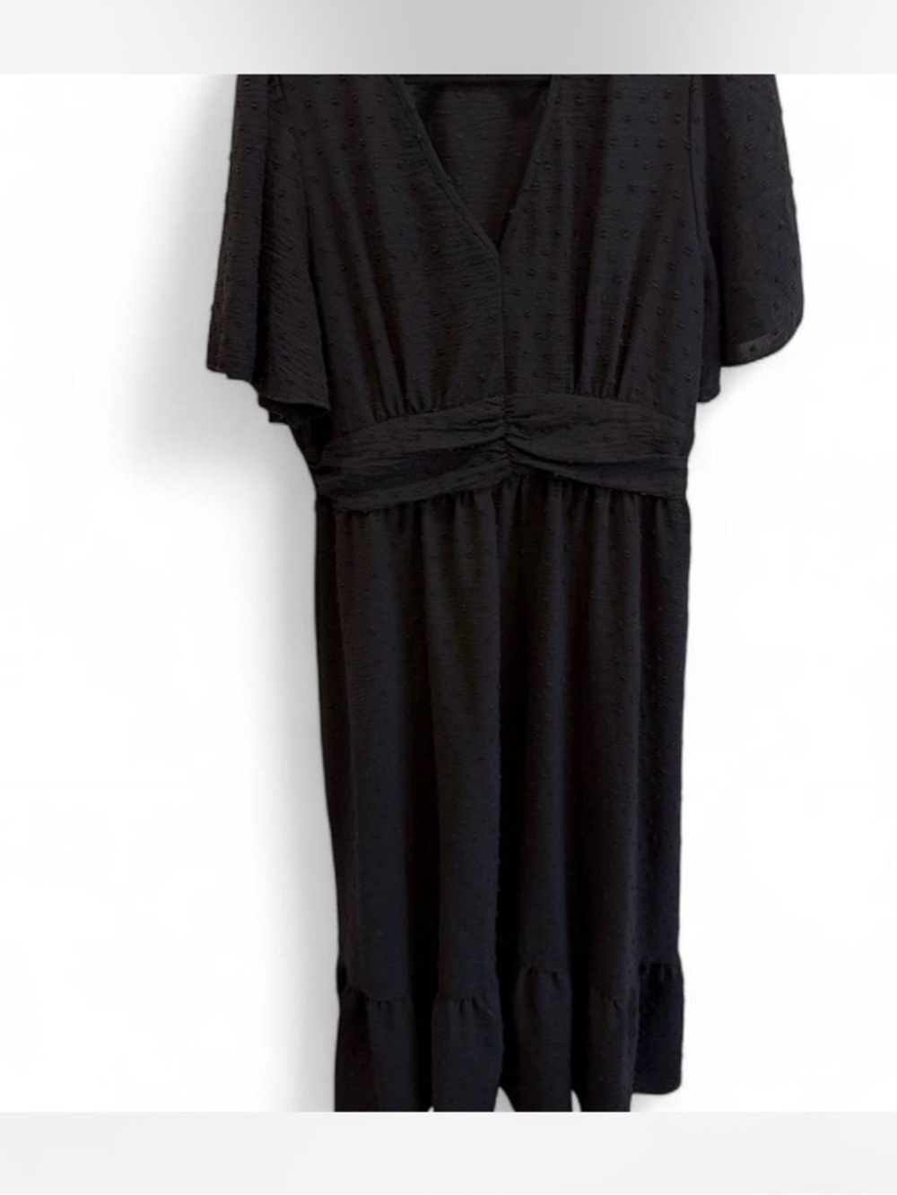 Black Midi Dress with V-Neck and Flutter Sleeves
